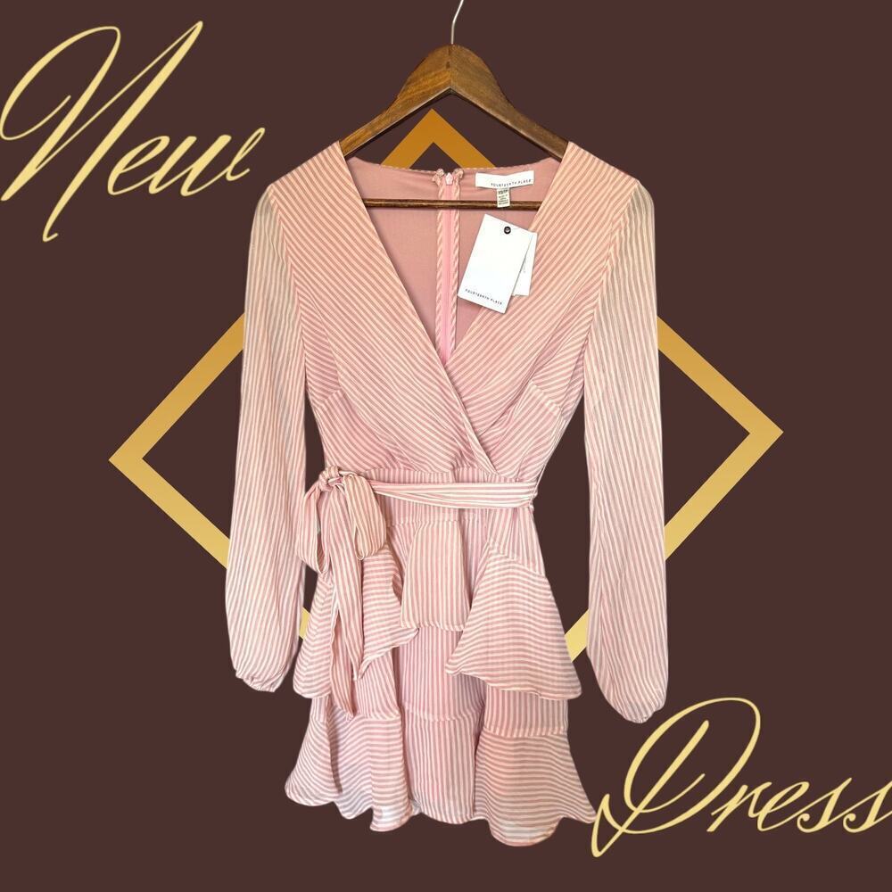Fourteenth Place Pink‎ Striped Ruffle Wrap Dress - XS